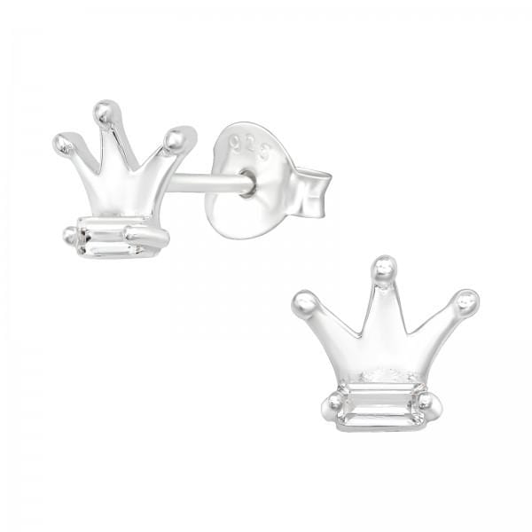 Silver CZ Crystal Crown Stud Earrings