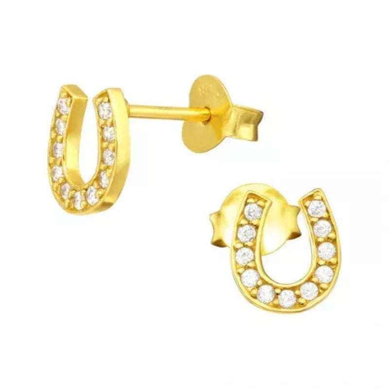 14K gold-plated 925 sterling silver horseshoe stud earrings with 22 clear cubic zirconia stones, measuring 6 x 7 mm and gift boxed in Australia.