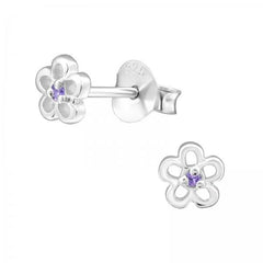Silver Birthstone Flower Stud Earrings