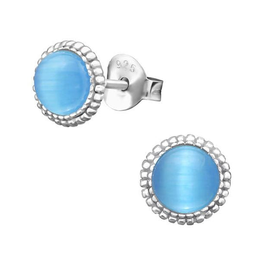 Silver Round Blue Cat Eye Stud Earrings