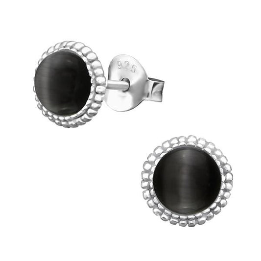 Silver Round Graphite  Cat Eye Stud Earrings