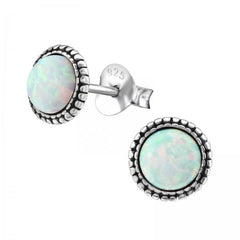 Sterling Silver Opal Round Stud Earrings