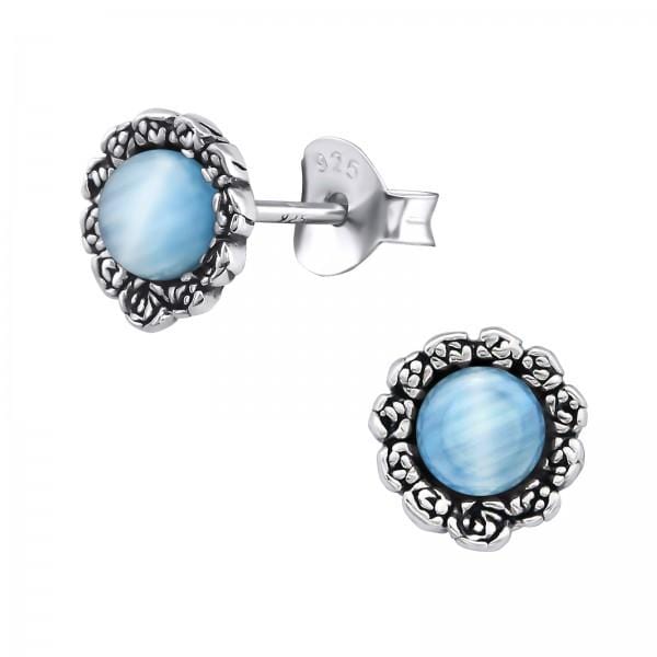 Silver Flower Blue Cat Eye Stud Earrings