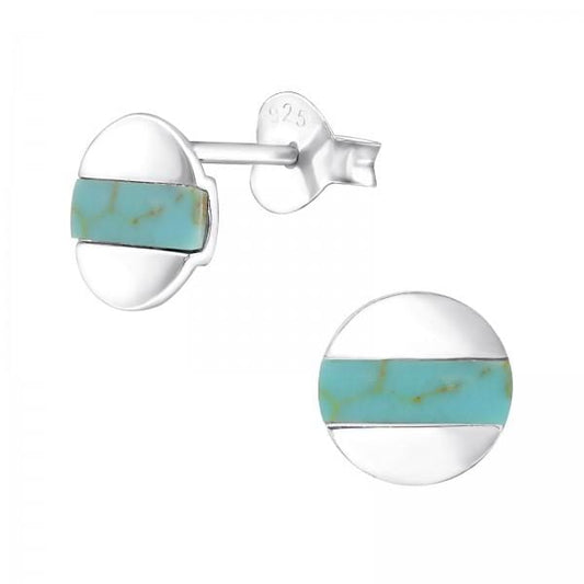 Green Turquoise Silver Round Stud Earrings