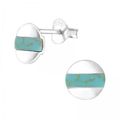 Green Turquoise Silver Round Stud Earrings