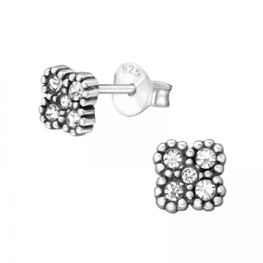 Silver Crystal Flower Stud Earrings