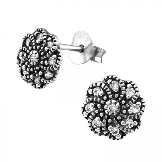 Silver CZ Crystal Flower Stud Earrings