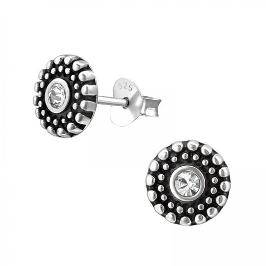 Silver Oxidized Crystal Stud Earrings