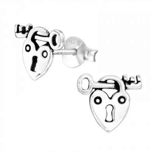 Silver Padlock Key Stud Earrings