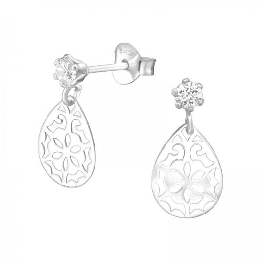 Silver Round Hanging Laser Cut Flower Stud Earrings