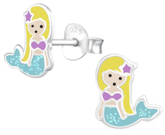 Children’s 925 sterling silver mermaid stud earrings with yellow hair, purple top, turquoise glitter tail and butterfly backs, available in Australia.