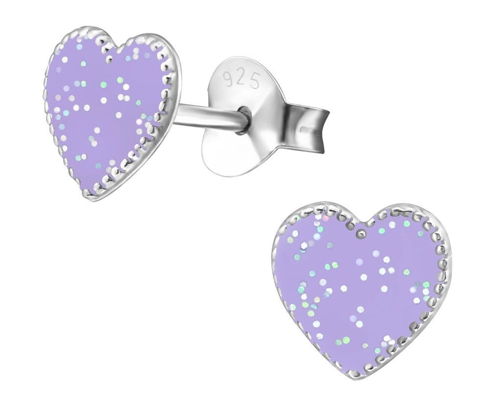 Children’s 925 sterling silver light purple glitter heart stud earrings with butterfly backs, a 7 mm design and gift-box presentation in Australia.
