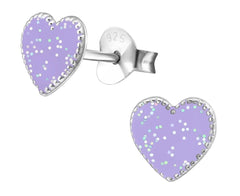 Children’s 925 sterling silver light purple glitter heart stud earrings with butterfly backs, a 7 mm design and gift-box presentation in Australia.