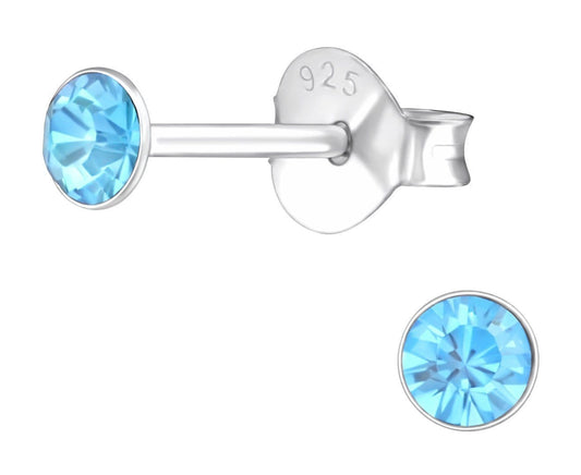 Sterling Silver Round 3mm Aqua Bohemica Crystal Ear Studs