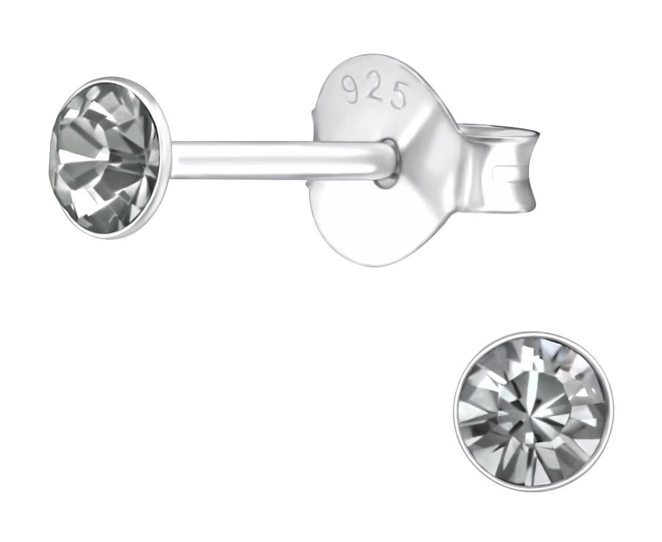Sterling Silver Round 3mm Black Diamond Crystal Ear Studs