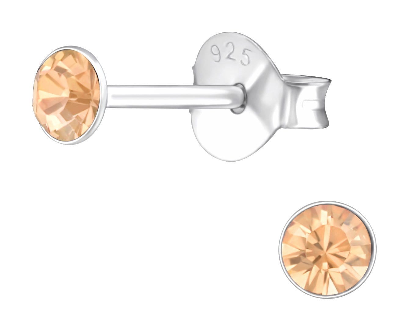 Sterling Silver Round 3mm Light Peach Crystal Ear Studs