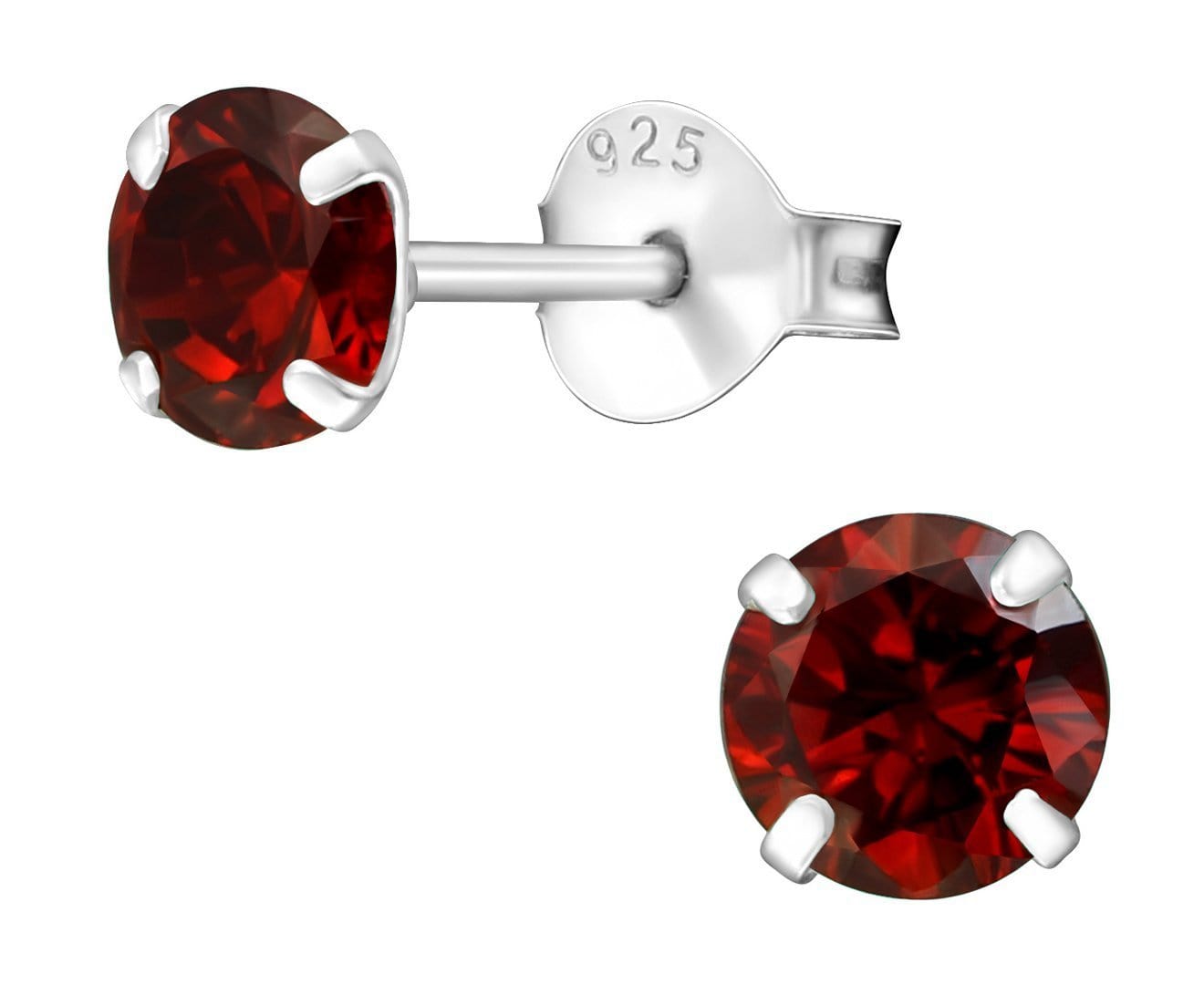 Sterling silver 5 mm garnet birthstone stud earrings with deep red round stones, four-prong settings and butterfly backs, available in Australia.