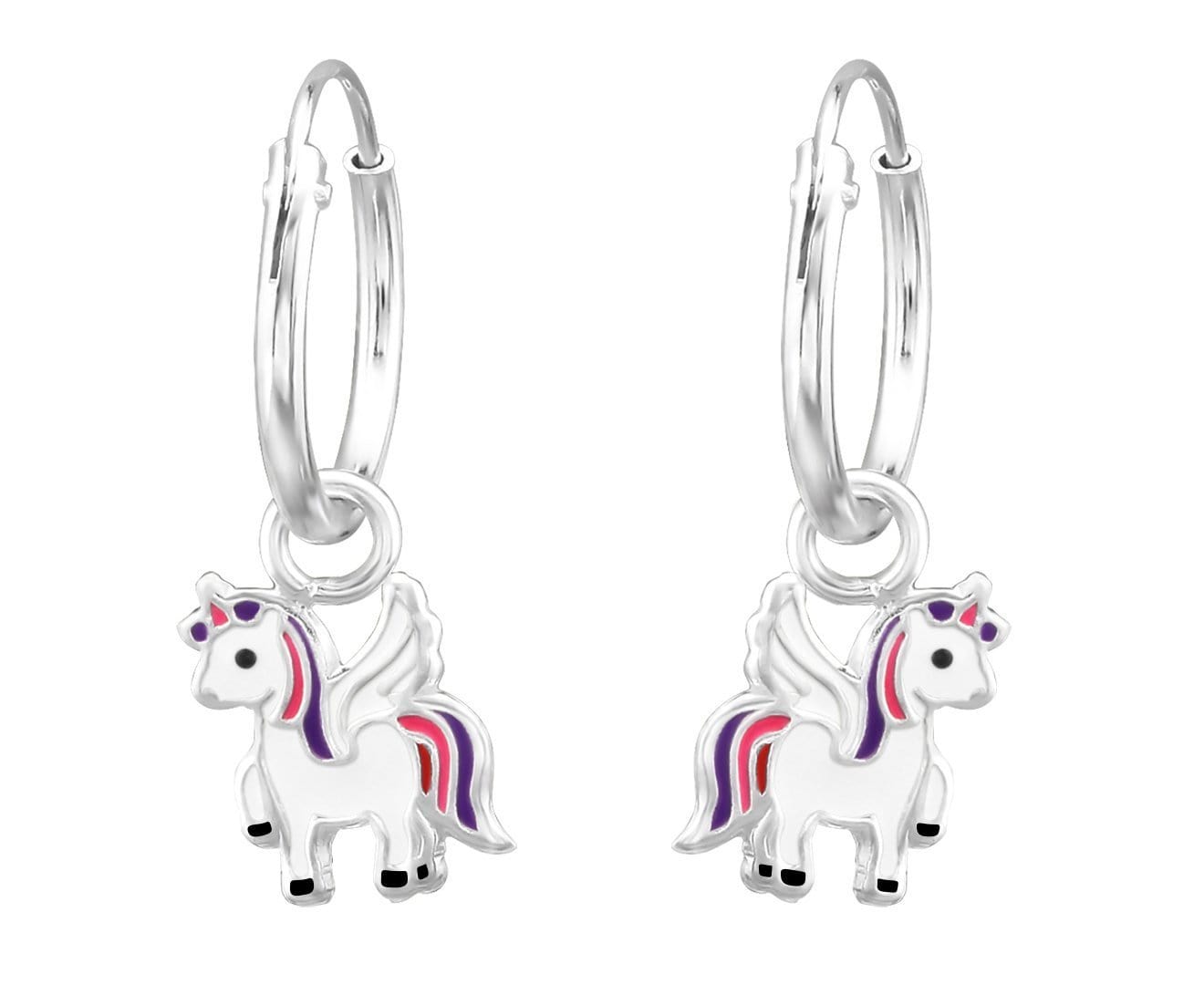 Kids sterling silver winged unicorn hoop earrings with pink and purple details, 7 x 9 mm charms and polished 12 mm hoops, available in Australia.