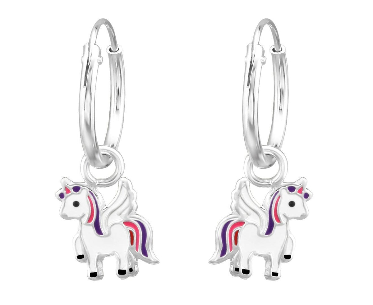 Kids sterling silver winged unicorn hoop earrings with pink and purple details, 7 x 9 mm charms and polished 12 mm hoops, available in Australia.