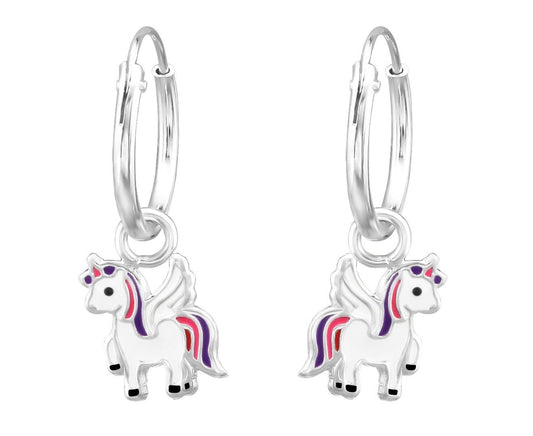 Kids sterling silver winged unicorn hoop earrings with pink and purple details, 7 x 9 mm charms and polished 12 mm hoops, available in Australia.