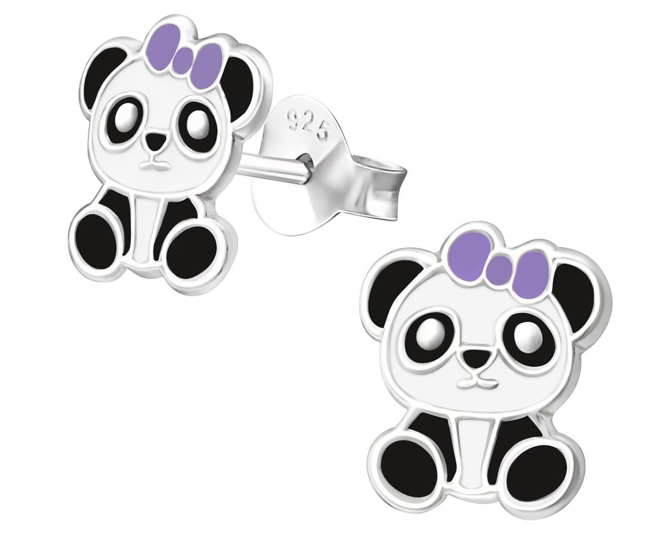 Kids 925 sterling silver panda stud earrings with black and white detailing, a purple bow, butterfly backs and a compact 7 x 9 mm design in Australia.