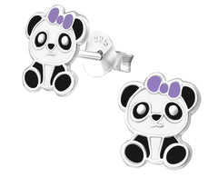 Kids 925 sterling silver panda stud earrings with black and white detailing, a purple bow, butterfly backs and a compact 7 x 9 mm design in Australia.