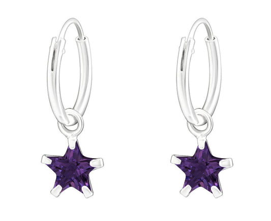 Sterling Silver Hanging Star CZ Amethyst Ear Hoops