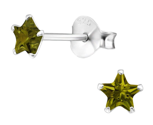 4mm Sterling Silver Star CZ Olivine Ear Studs