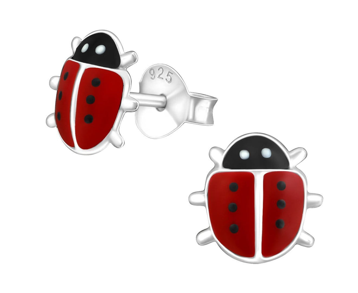Kids 925 sterling silver ladybug stud earrings with red and black detailing, butterfly backs and an 8 x 8 mm design, available in Australia.