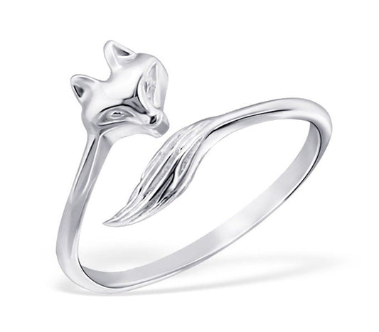 Polished 925 sterling silver fox wrap ring with a sculpted fox head, textured tail and 9 x 10 mm feature, available in Australia.