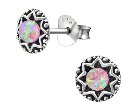 Sterling Silver Oxidized Opal Star Ear Studs