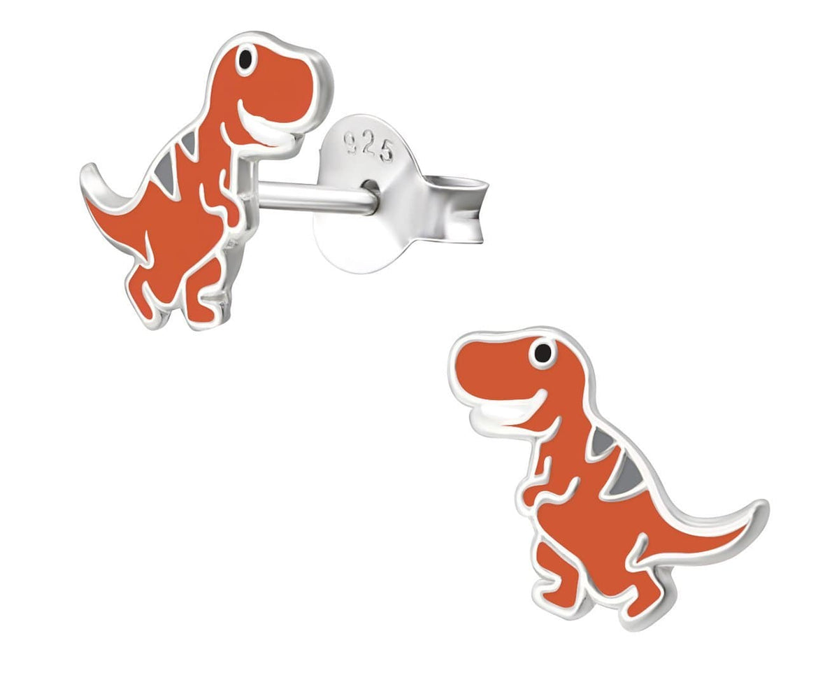 Children’s 925 sterling silver T-Rex stud earrings with orange, grey and black enamel details, 8 x 10 mm size and butterfly backs in Australia.