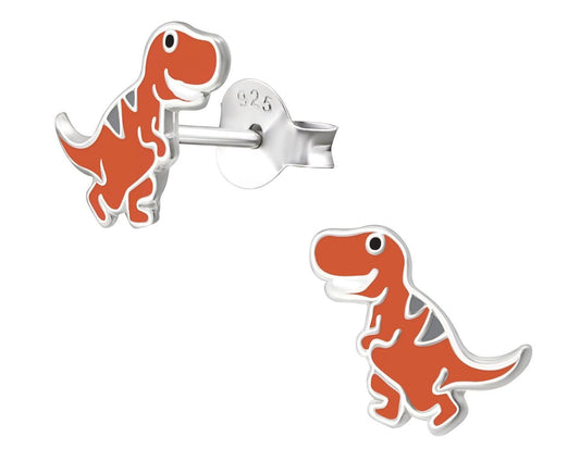 Children’s 925 sterling silver T-Rex stud earrings with orange, grey and black enamel details, 8 x 10 mm size and butterfly backs in Australia.