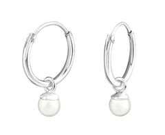 Sterling Silver Hanging Pearl  Hoop Earrings