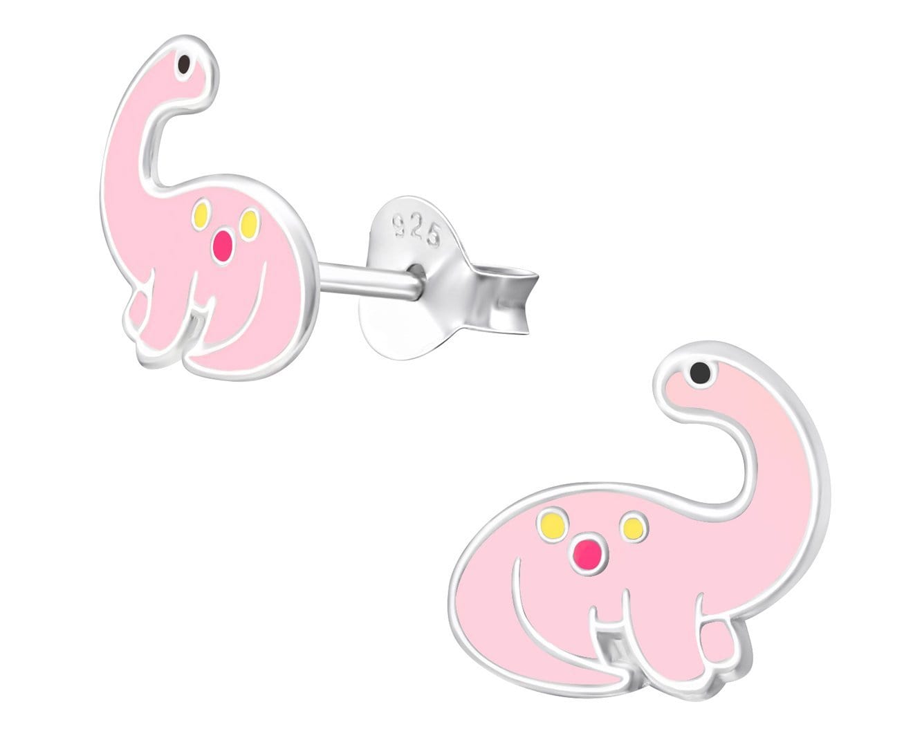 Children’s 925 sterling silver pink dinosaur stud earrings with colourful enamel details, butterfly backs and a 10 x 9 mm design, available in Australia.