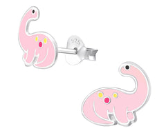 Children’s 925 sterling silver pink dinosaur stud earrings with colourful enamel details, butterfly backs and a 10 x 9 mm design, available in Australia.