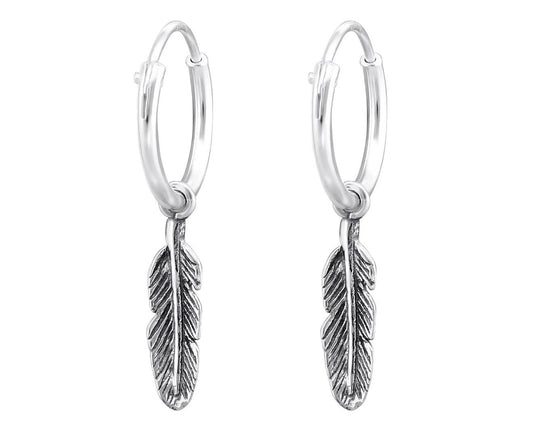 Sterling Silver Hanging Feather Ear Hoops