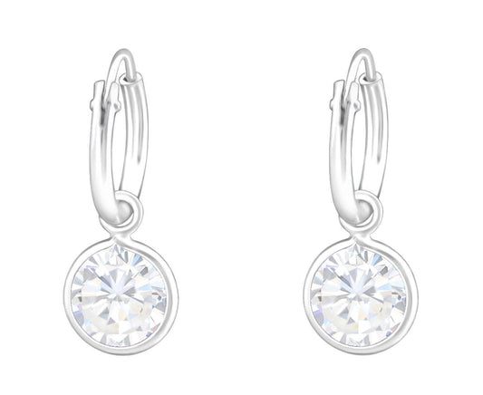 Sterling Silver Hanging Round CZ Crystal Ear Hoops