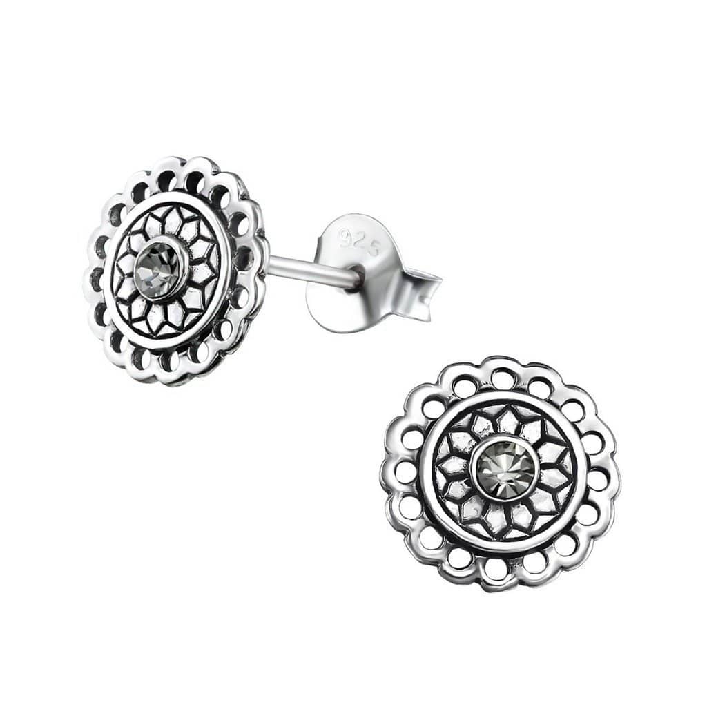 Sterling Silver Bali Round Crystal Stud Earrings