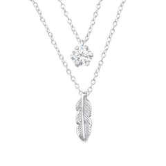 Silver Feather Necklace with CZ