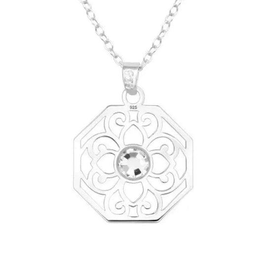 Silver Laser Cut Flower Necklace with Crystal