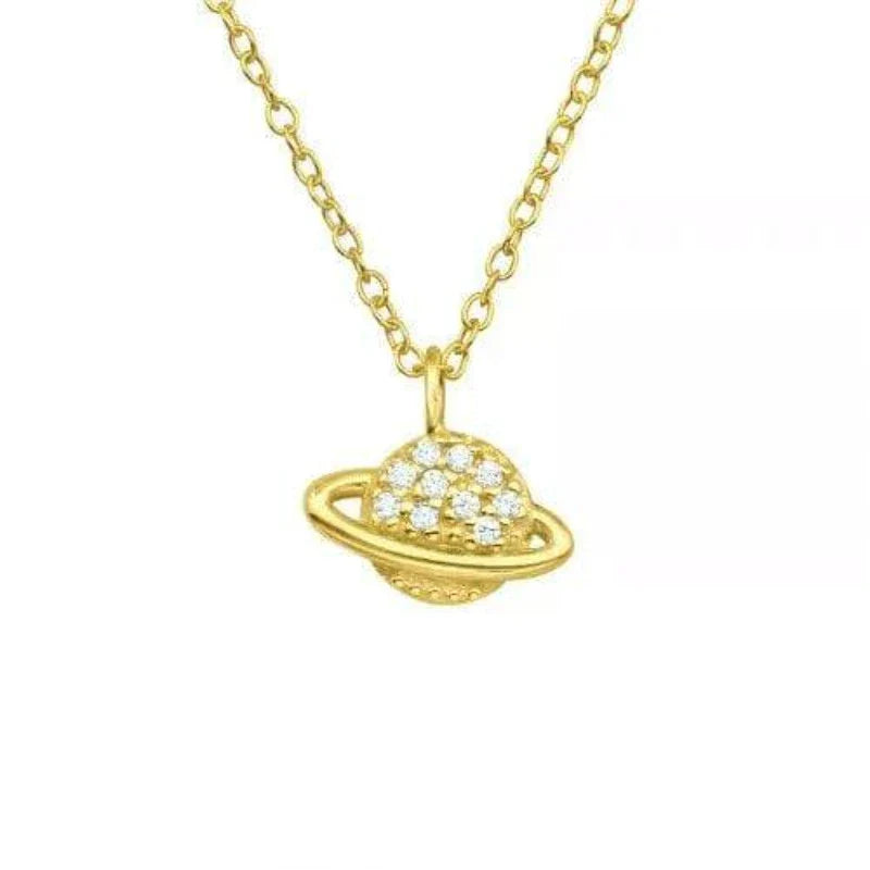 Silver Gold Saturn Necklace with Cubic Zirconia