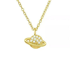 Silver Gold Saturn Necklace with Cubic Zirconia