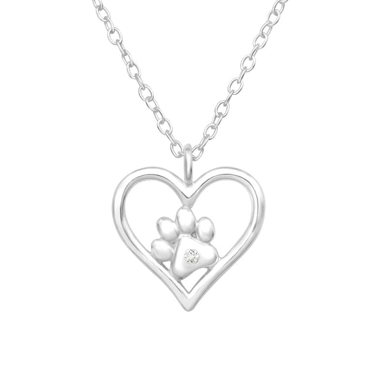 Silver Heart and Paw Print Necklace