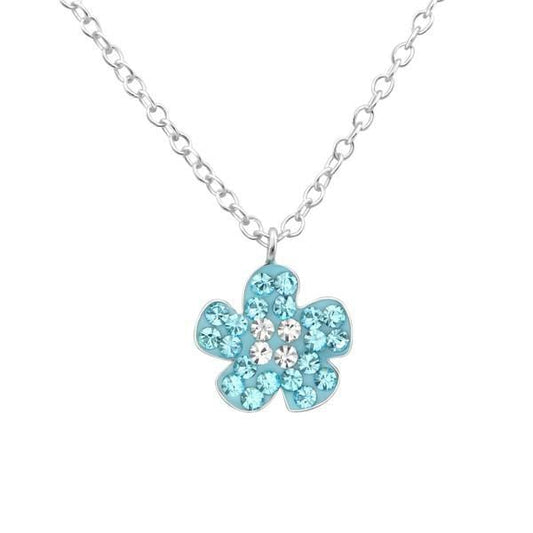 Kids Blue Crystal Silver Flower Pendant Necklace