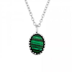 Silver Genuine Malachite Natural Green Stone Oval Necklace