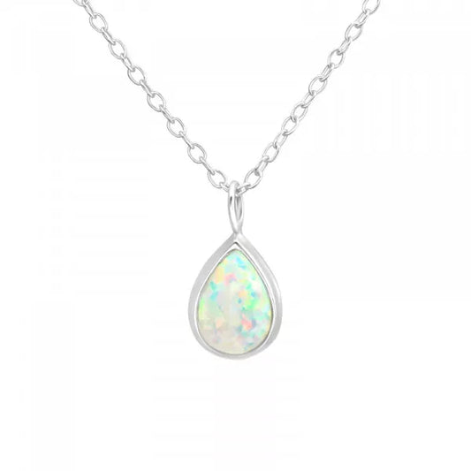 Silver Pear Firesnow Opal Necklace