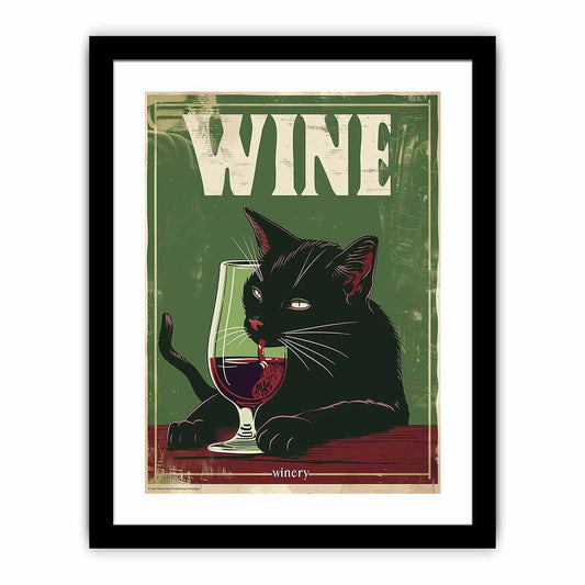 A black cat drinking red wine