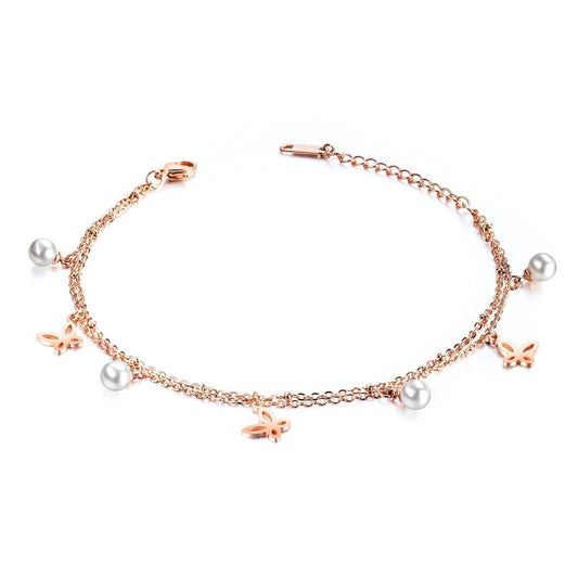 Stainless Steel Rose Gold Pearl Anklet