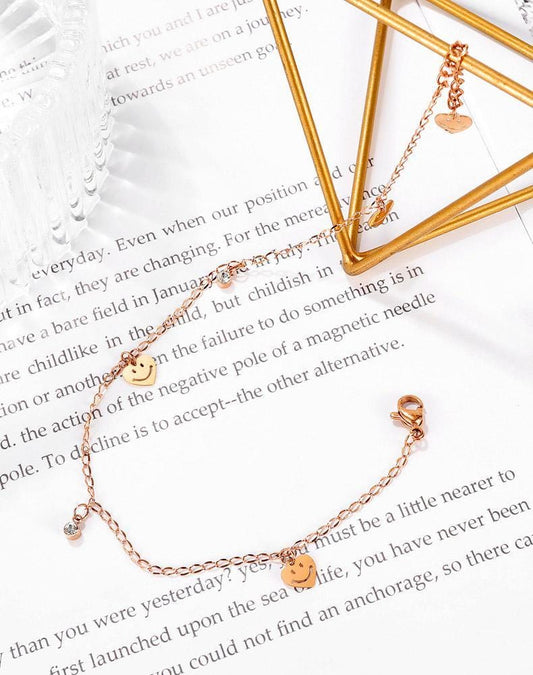 Rose Gold Women Smiley Face Heart Anklet